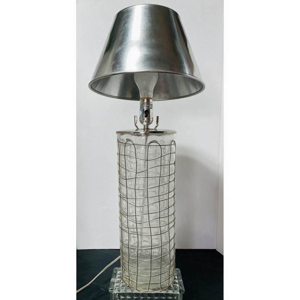 Vintage Industrial Glass Wire Cage Table Lamp Silver Made in India Tested